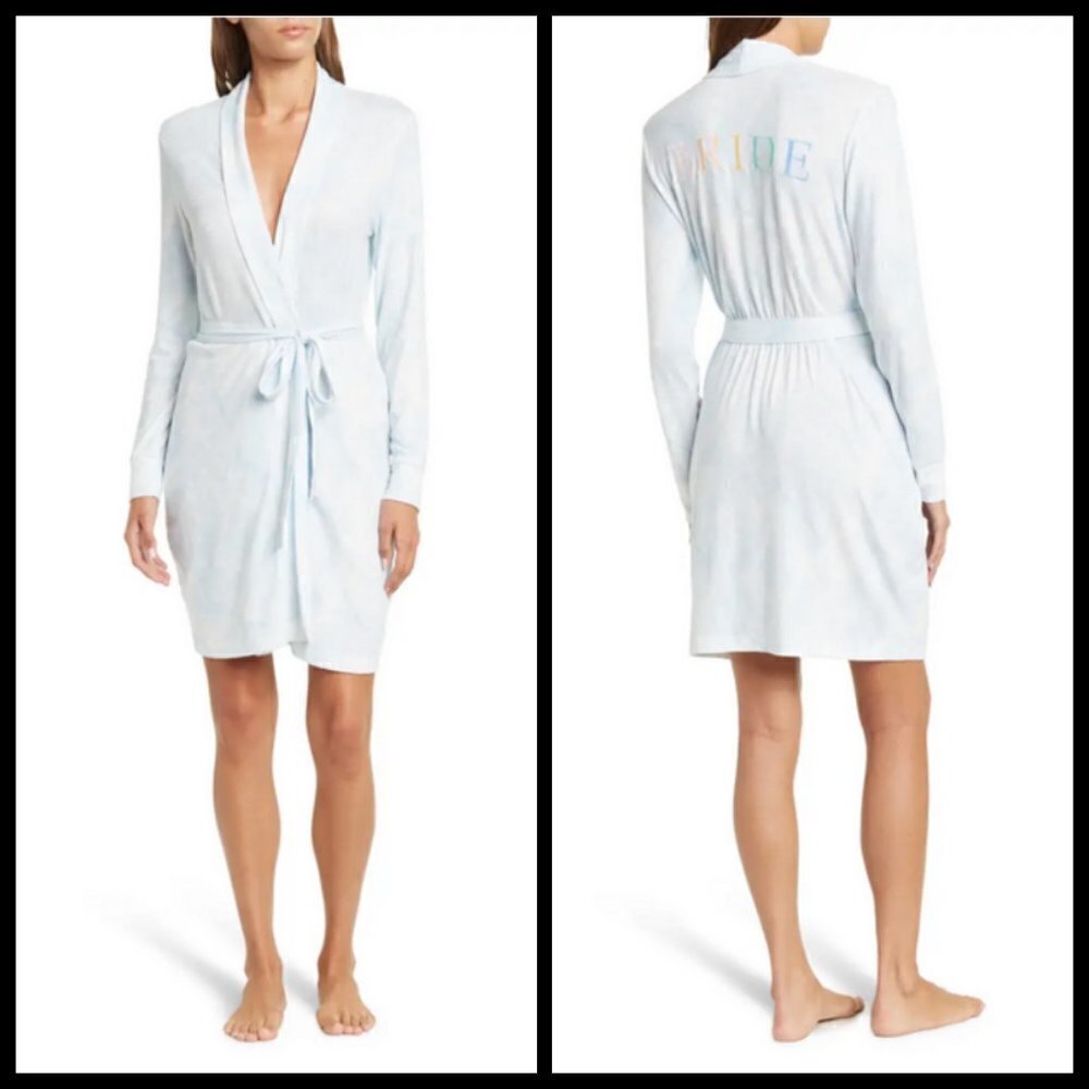 πPJ SALVAGEπ Bridal Embroidered Robe ~ Blue Bride Graphic Large L NWT